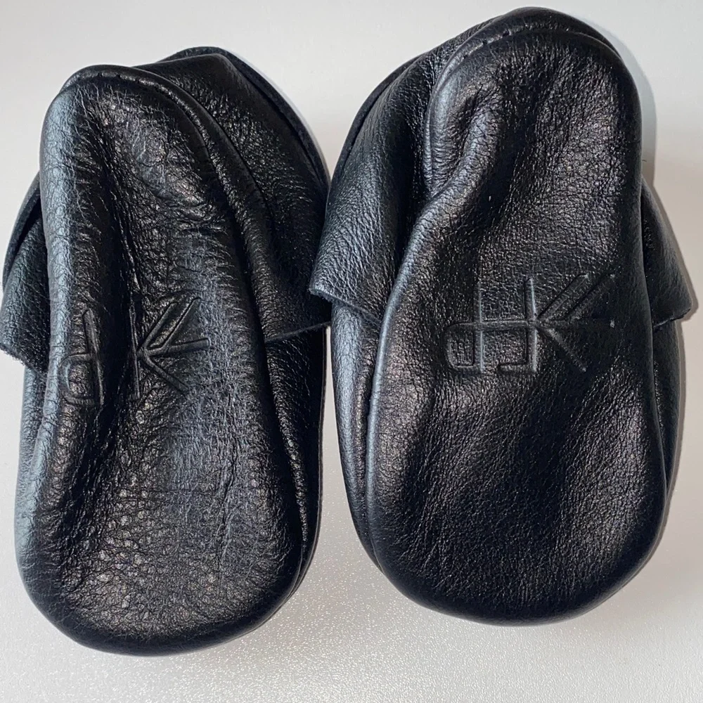 Freshly Picked Midnight Black Baby Leather Penny Loafers. Size 2